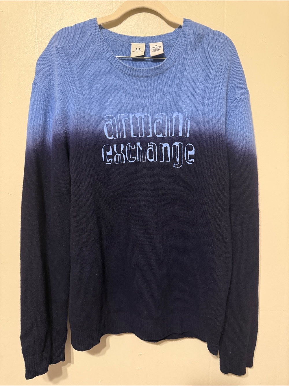 Armani Exchange Blue Ombre Crewneck Logo Sweater 80%Lamb Wool